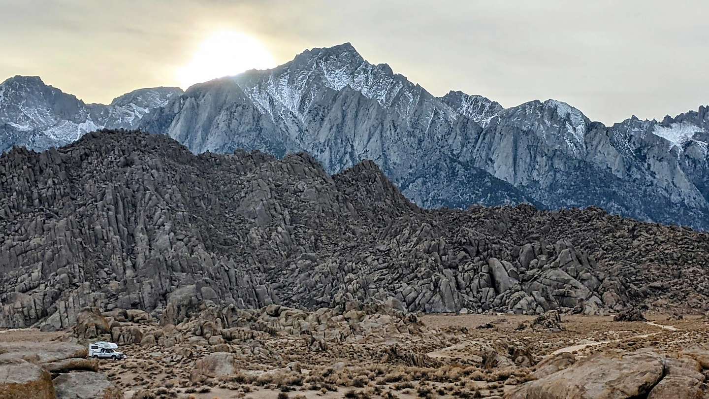 Sun sinking behind Mt. Whitney