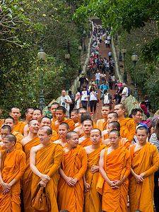 Monks about to earn Buddhist merits by climbing stairs to temple