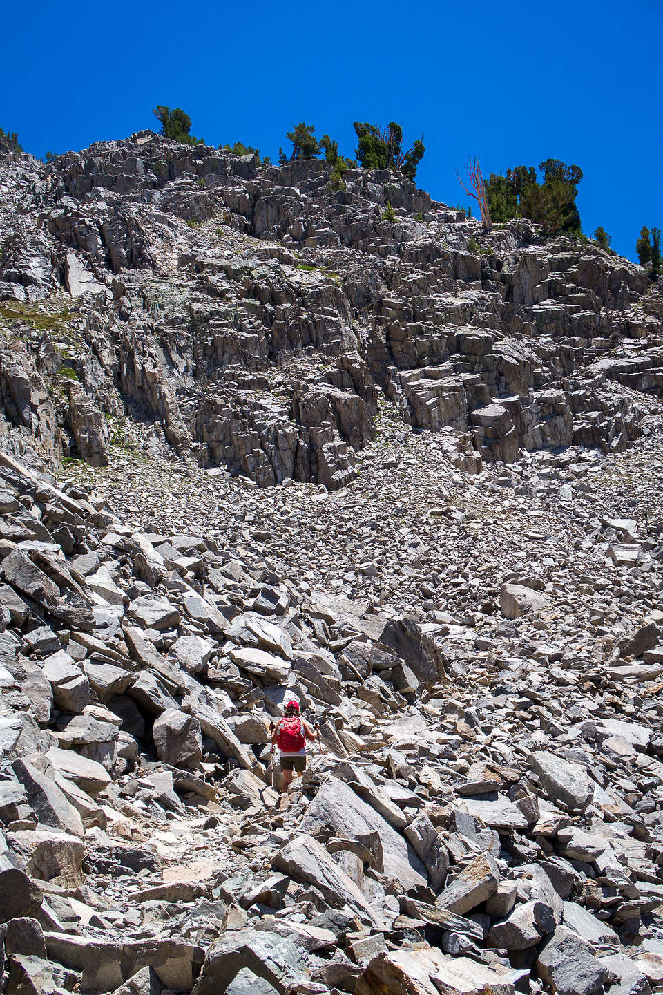 Crossing the scree and rocks on the way to Duck Pass