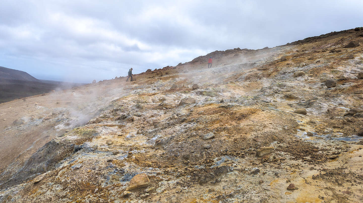 Climbing the hill above the Seltun Geothermal Area